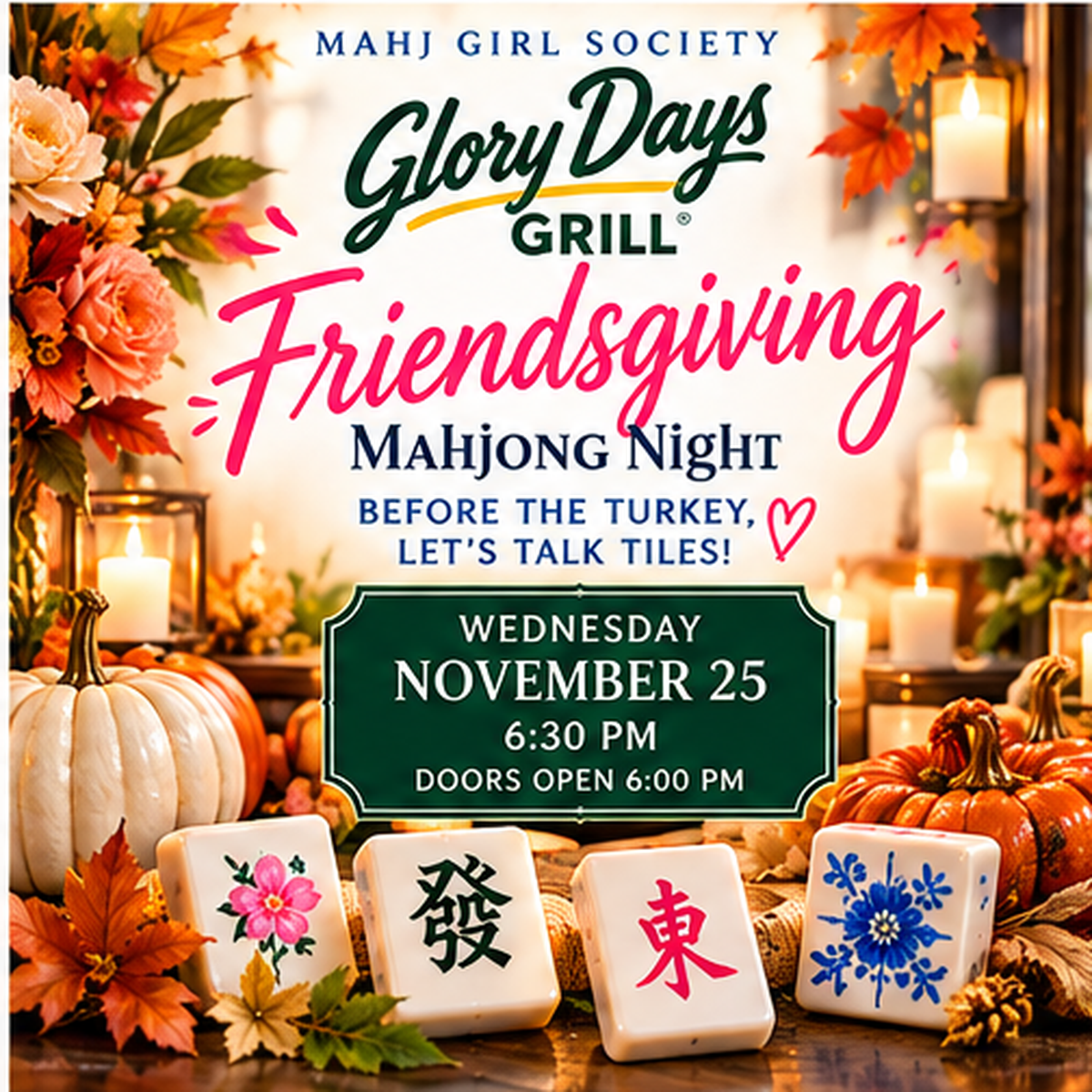 Friendsgiving Mahjong Night at Glory Days UTC | November 25, 2026 — supplied promotional artwork