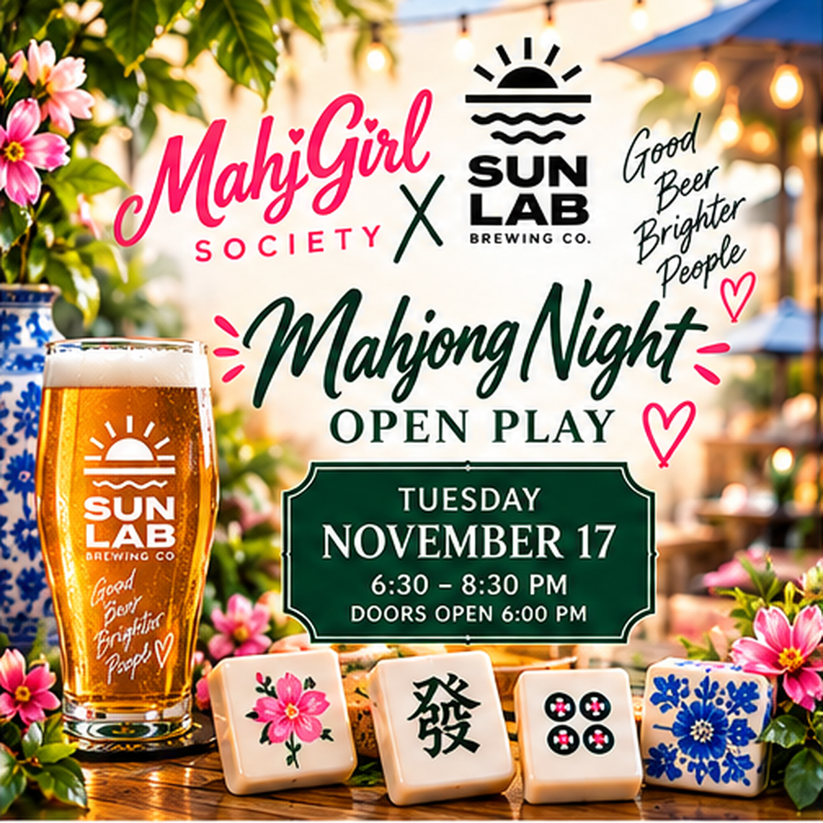 Mahjong Open Play at Sun Lab Brewing | Tuesday, November 17 — supplied promotional artwork