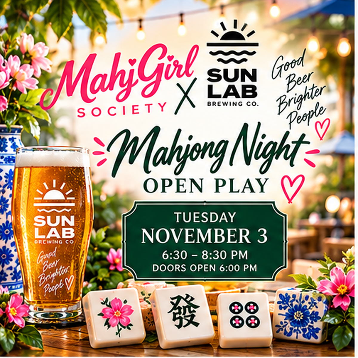 Mahjong Open Play at Sun Lab Brewing | Tuesday, November 3 — supplied promotional artwork